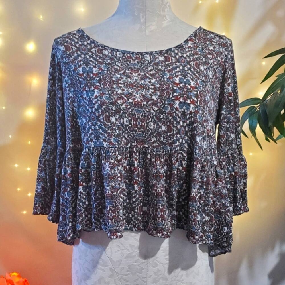 Free People Floral Linen Blend Cropped Babydoll Oversized Top Women's M